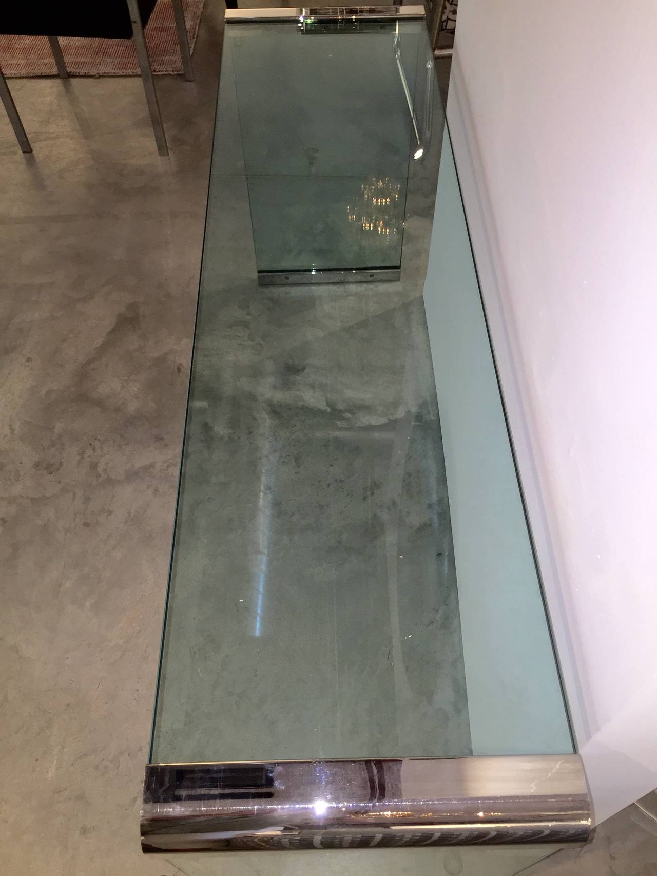 Pace Waterfall Double Chrome Bar and Glass Console Table In Excellent Condition In Houston, TX