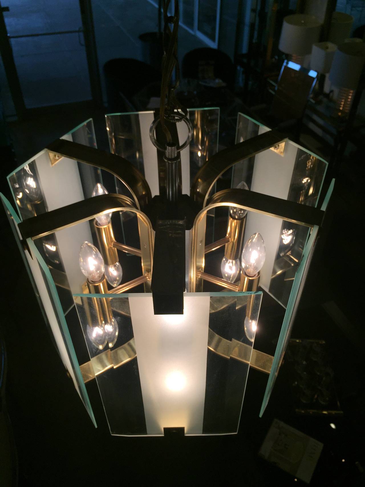 Mid Century Modern Frosted Glass and Brass Chandelier by Fredrick