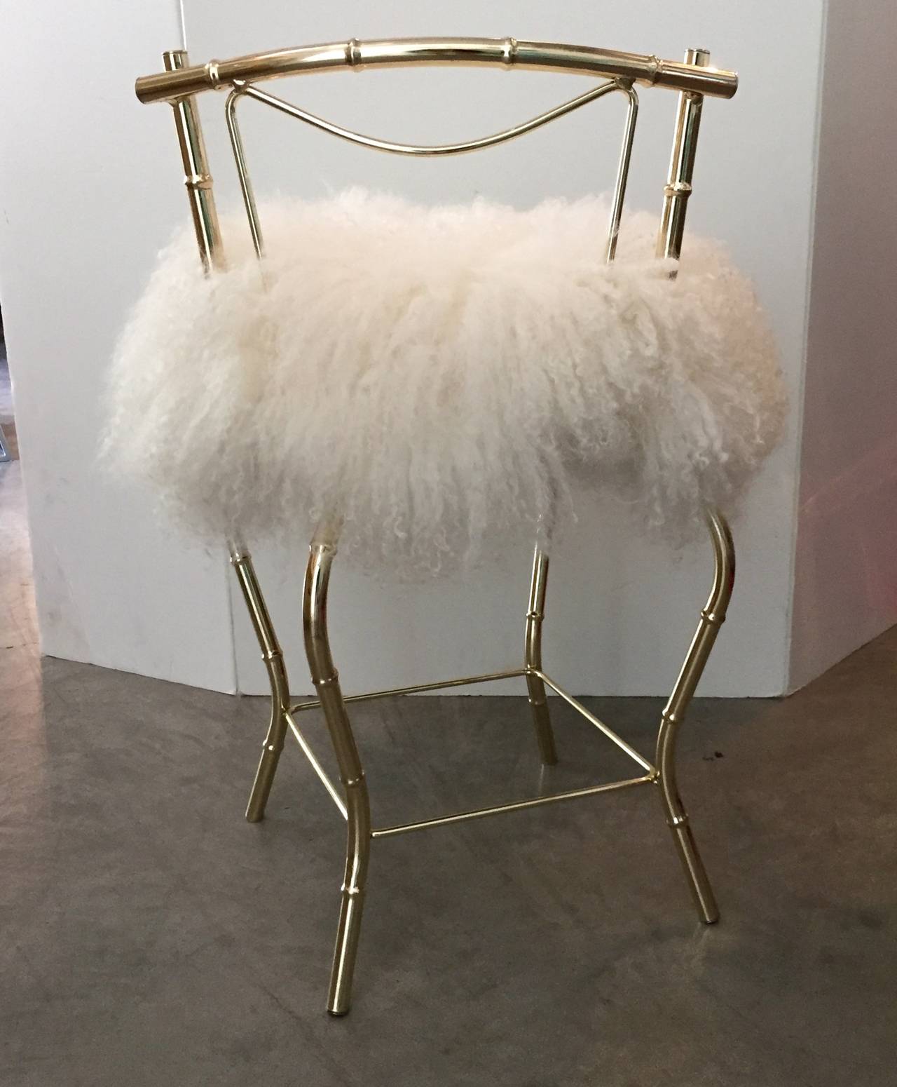 Vintage Mongolian Sheepskin and Brass Bamboo Style Vanity Stool In Good Condition In Houston, TX