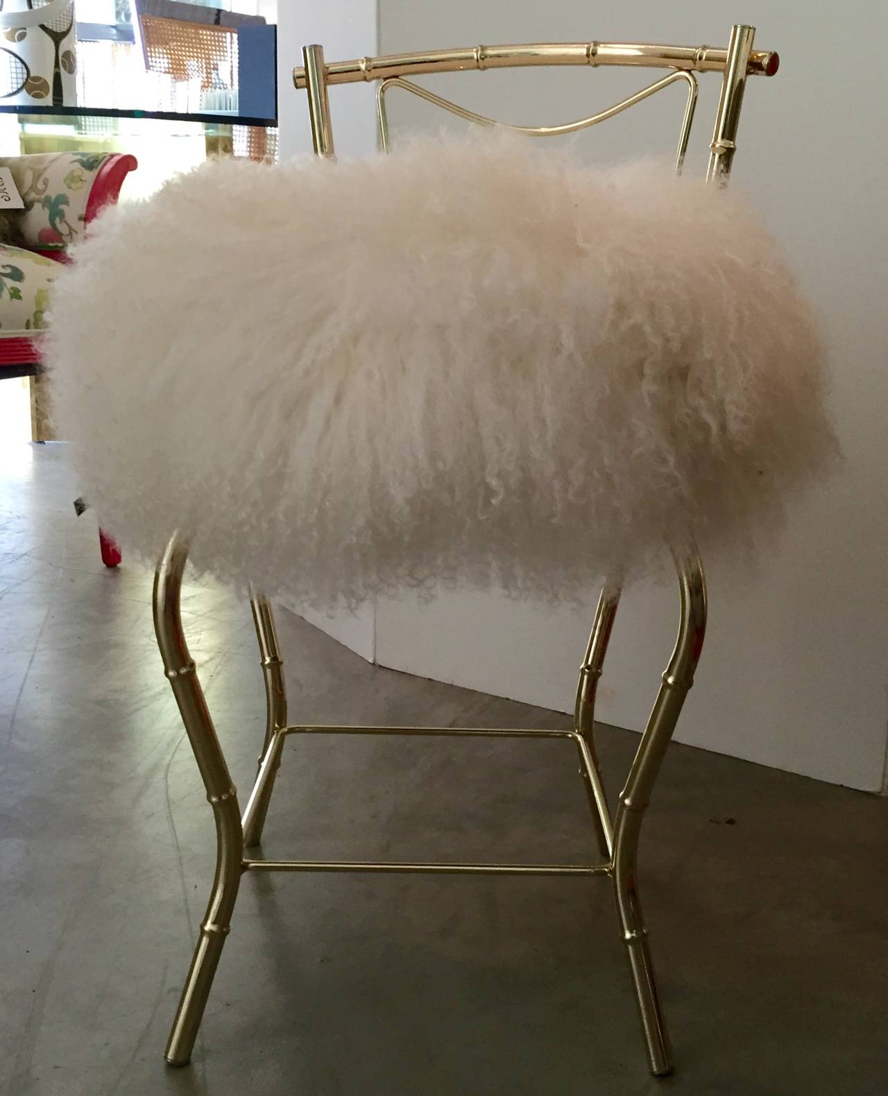 American Vintage Mongolian Sheepskin and Brass Bamboo Style Vanity Stool