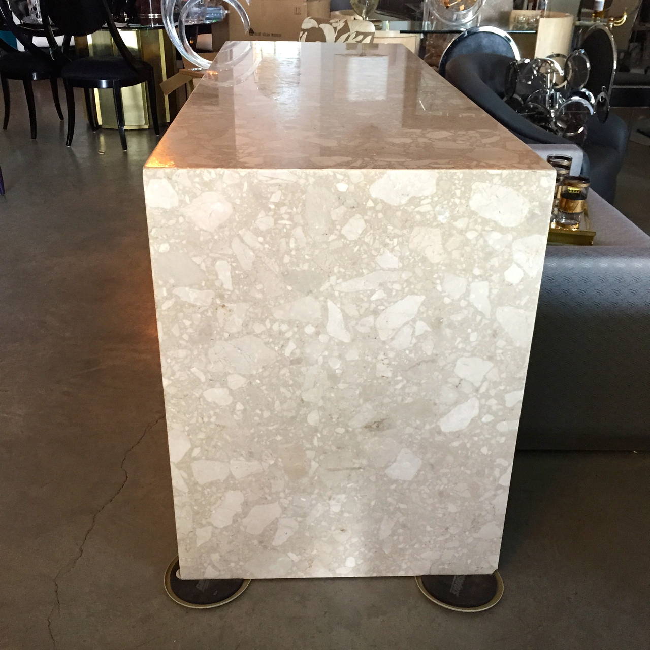 Mid Century Modern Polished Travertine Marble and Rosewood Sideboard