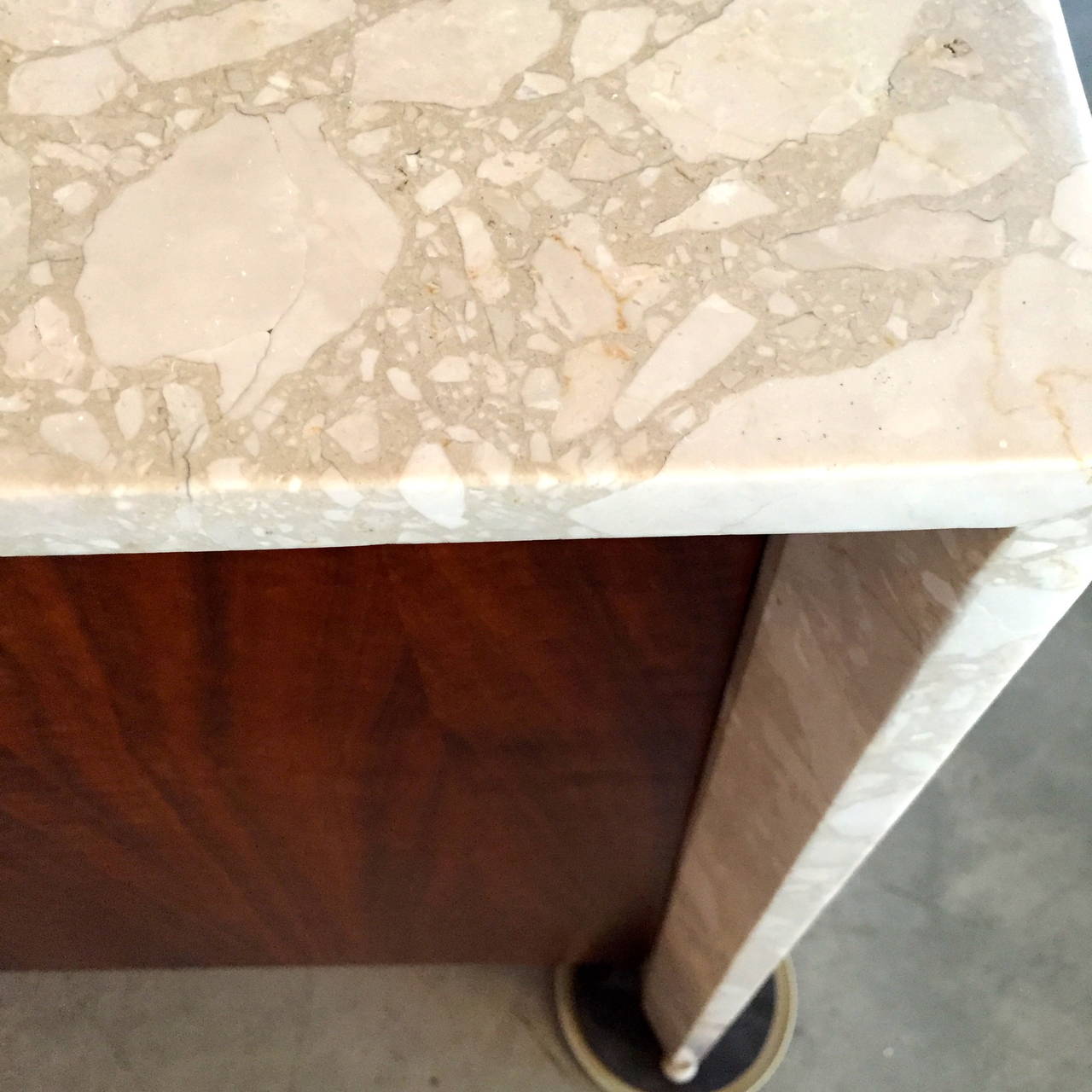 Polished White, Tan and Brown Travertine Marble and Rosewood Two-Sided Sideboard For Sale 2