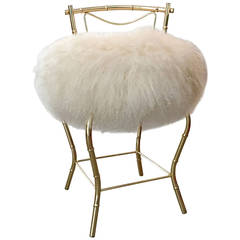 Vintage Mongolian Sheepskin and Brass Bamboo Style Vanity Stool