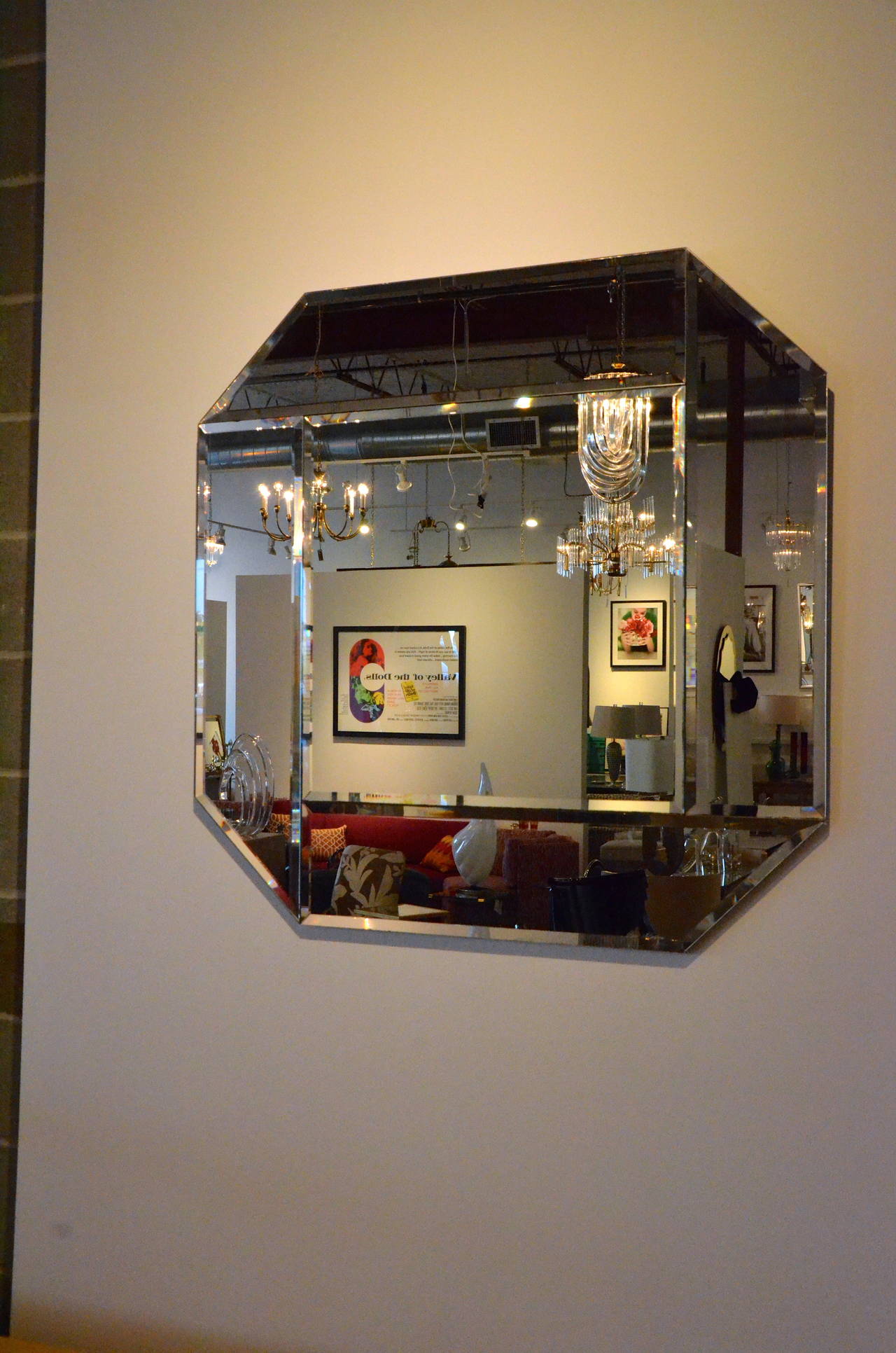 Unique two-tiered design geometric beveled mirror.  Mod with a 1970s appeal. Signed by Dan Johnson.