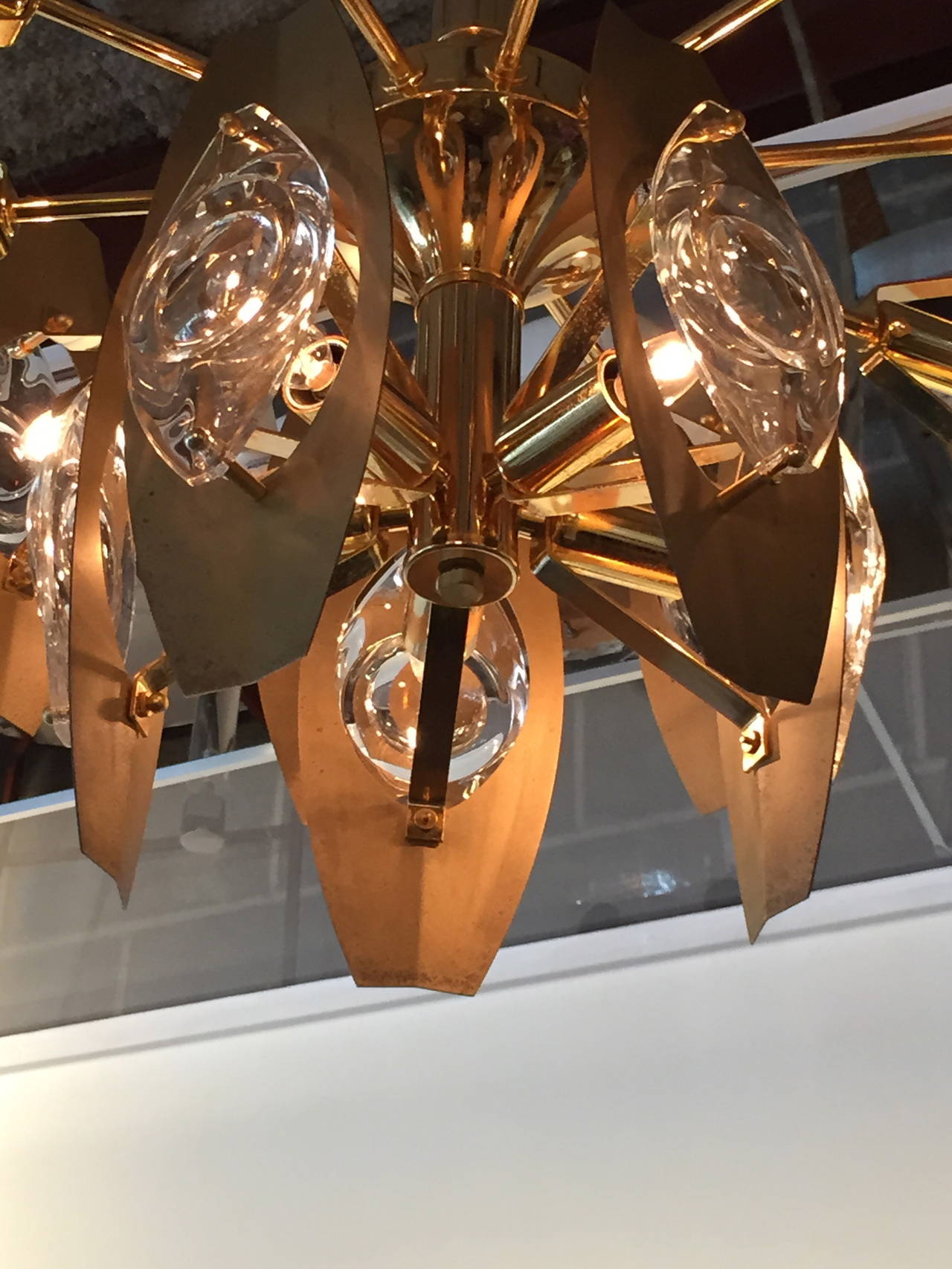 Mid-Century Modern Brutalist Sonneman Brass and Cut Glass Chandelier 1