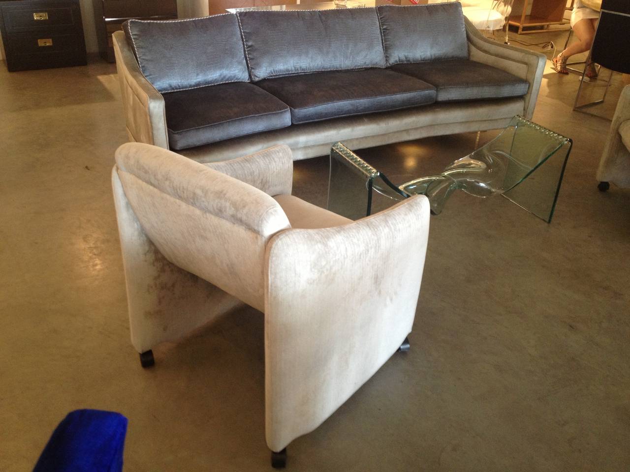 20th Century Pair of Lounge Chairs on Casters Newly Upholstered in Velvet