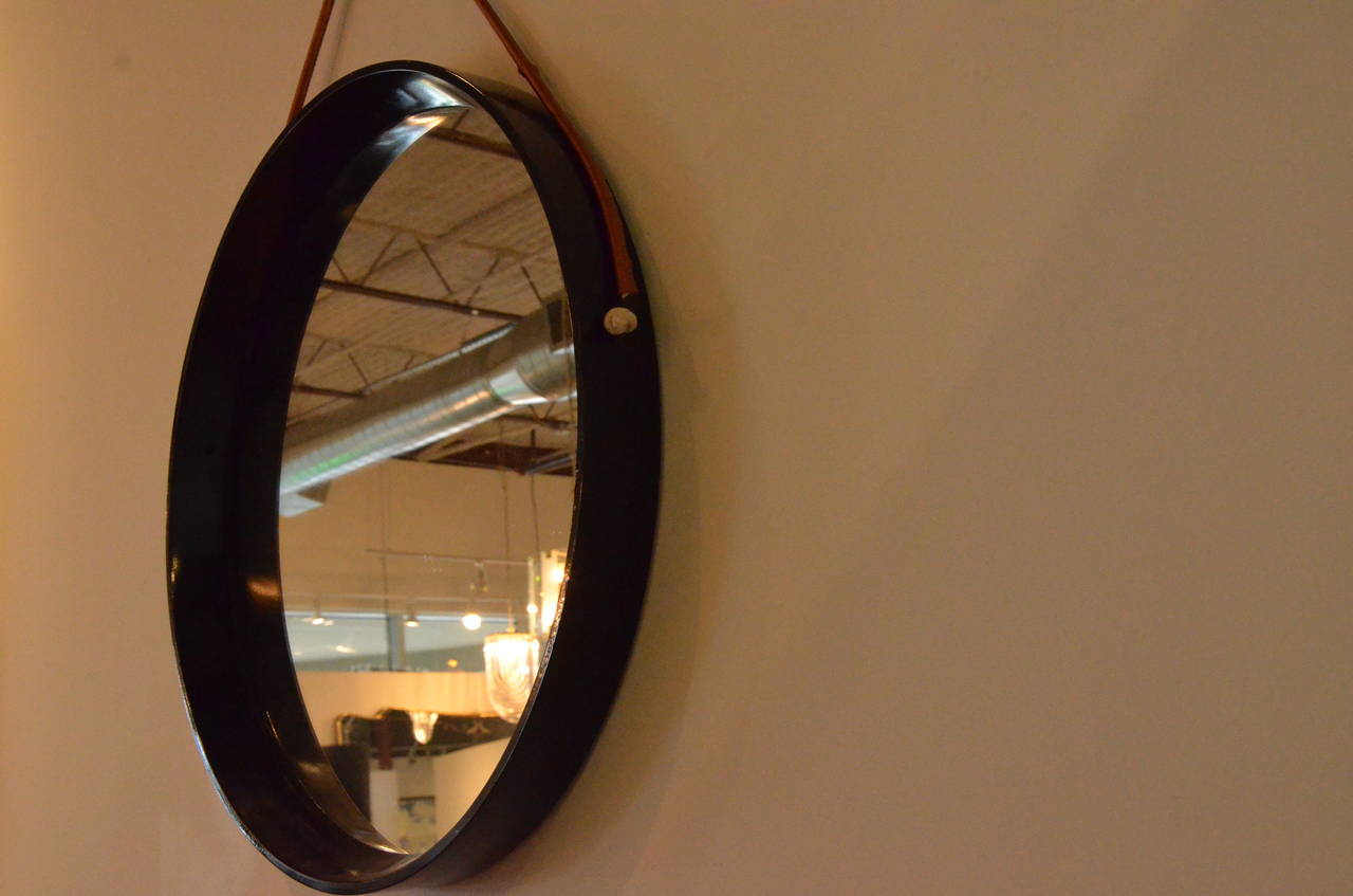 Unknown Mid-Century Modern Jacques Adnet Style Lacquered in Black Mirror w/ Leather Cord
