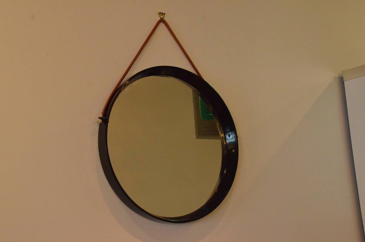 20th Century Mid-Century Modern Jacques Adnet Style Lacquered in Black Mirror w/ Leather Cord