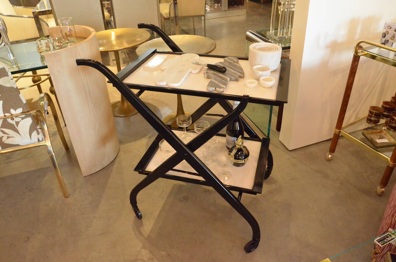 Foldable Newly Laquered Wood Frame & Removable Melamine Tray Bar Cart In Good Condition In Houston, TX