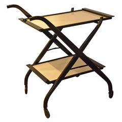 Retro Foldable Newly Laquered Wood Frame & Removable Melamine Tray Bar Cart