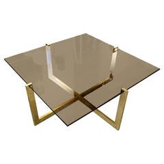 Beveled Smoke Glass and Brass Cocktail Table in the Style of Milo Baughman
