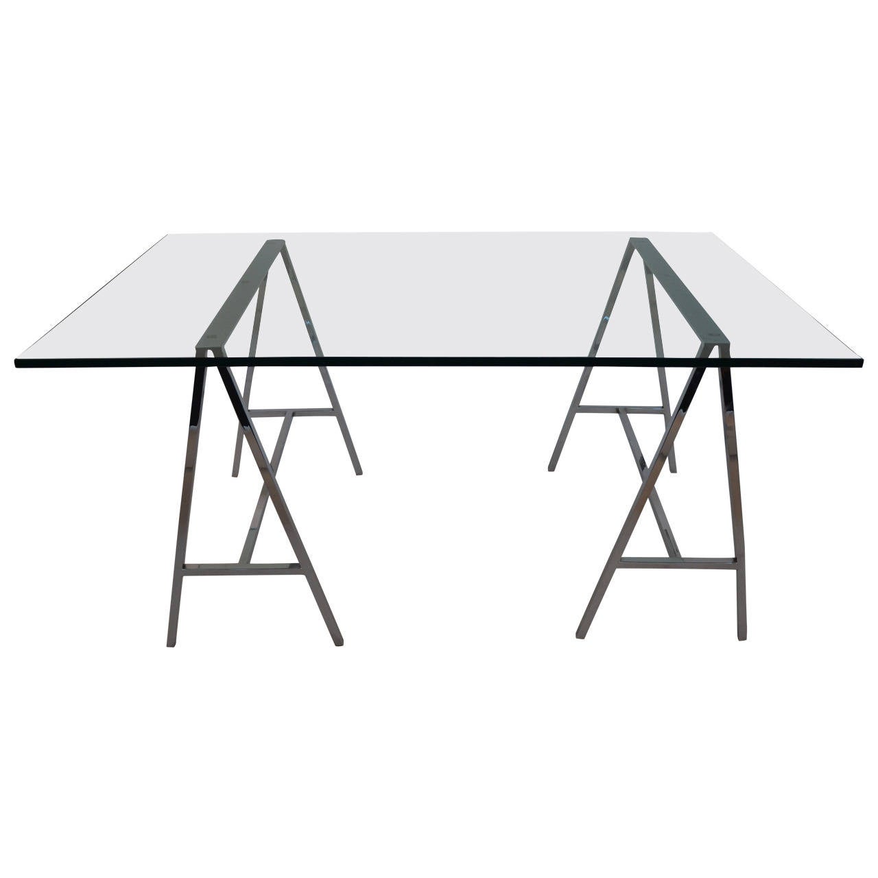 GlassTop Table or Desk on a Pair of Chrome Sawhorse Bases at 1stdibs