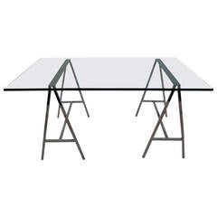 Glass-Top Table or Desk on a Pair of Chrome Sawhorse Bases