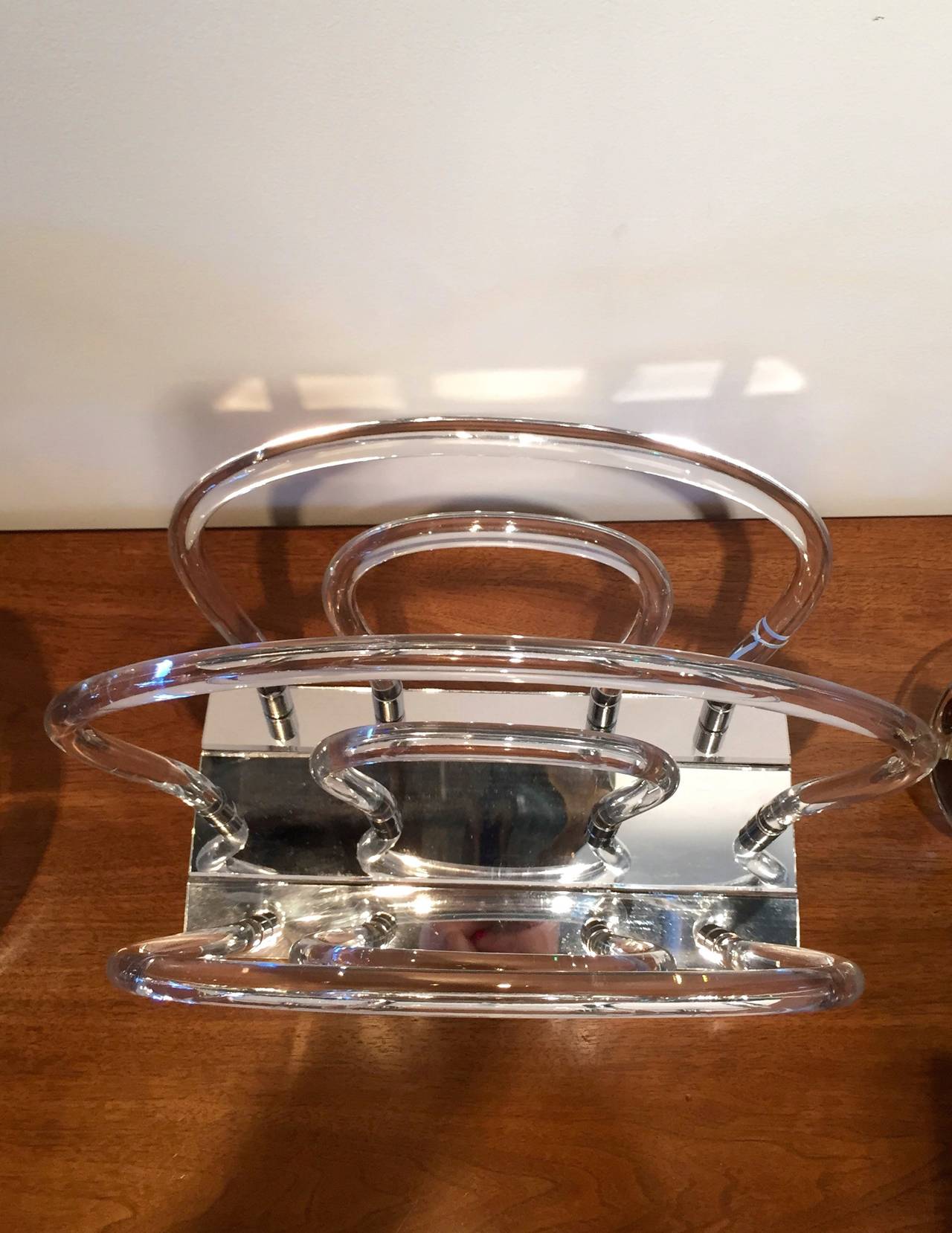 Beautifully designed Lucite, chrome and mirror magazine holder by Dorothy Thorpe.