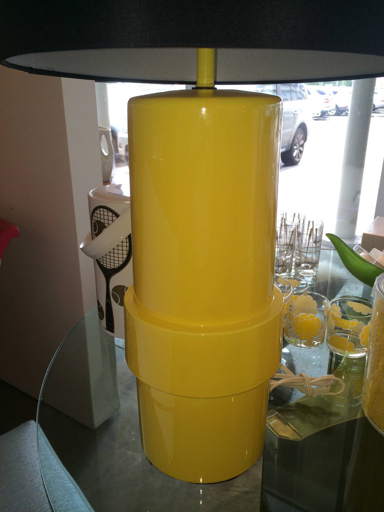 Mid-Century Modern Pair of High Gloss Canary Yellow Modern Ceramic Cylinder Lamps