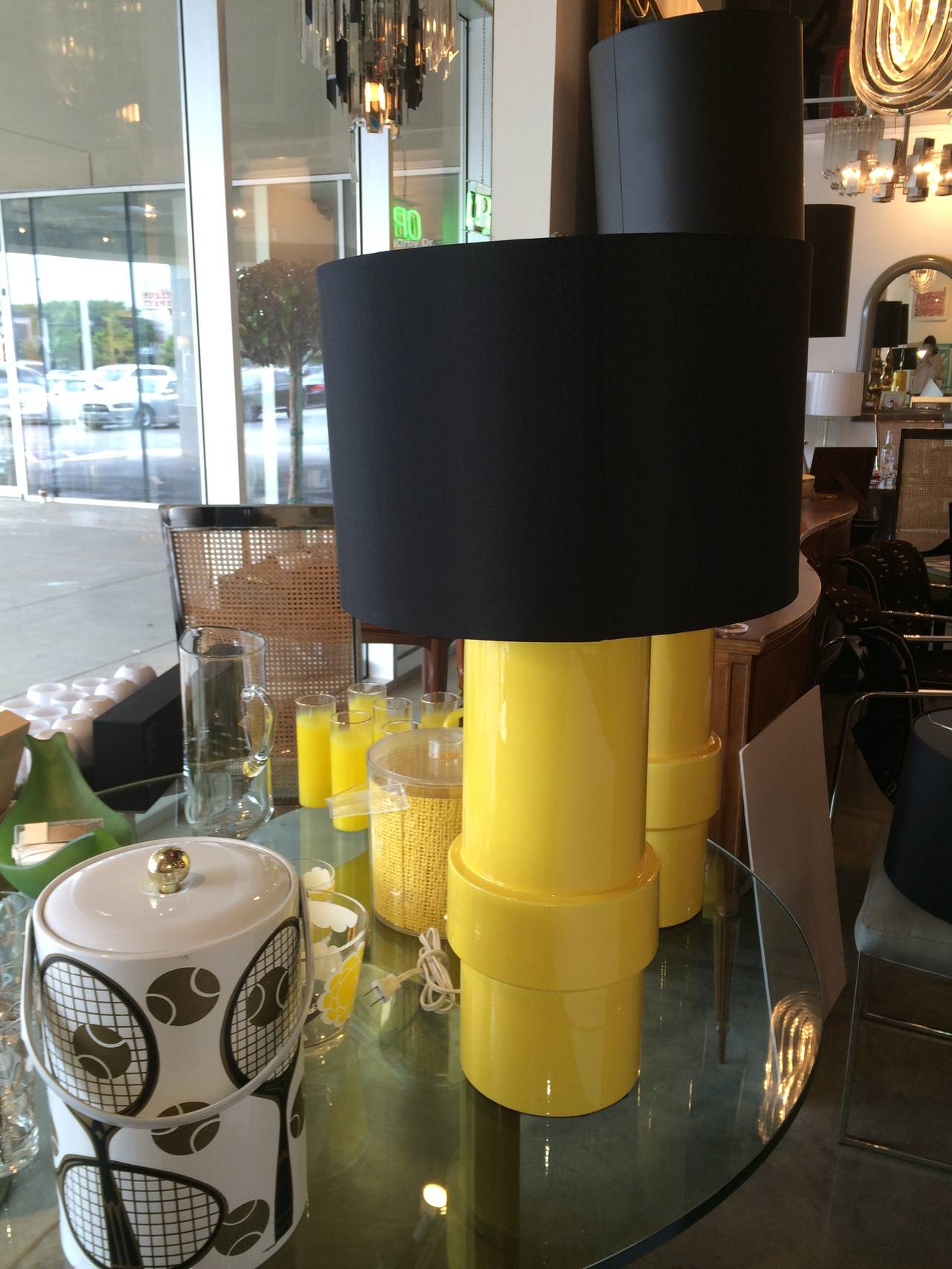 American Pair of High Gloss Canary Yellow Modern Ceramic Cylinder Lamps