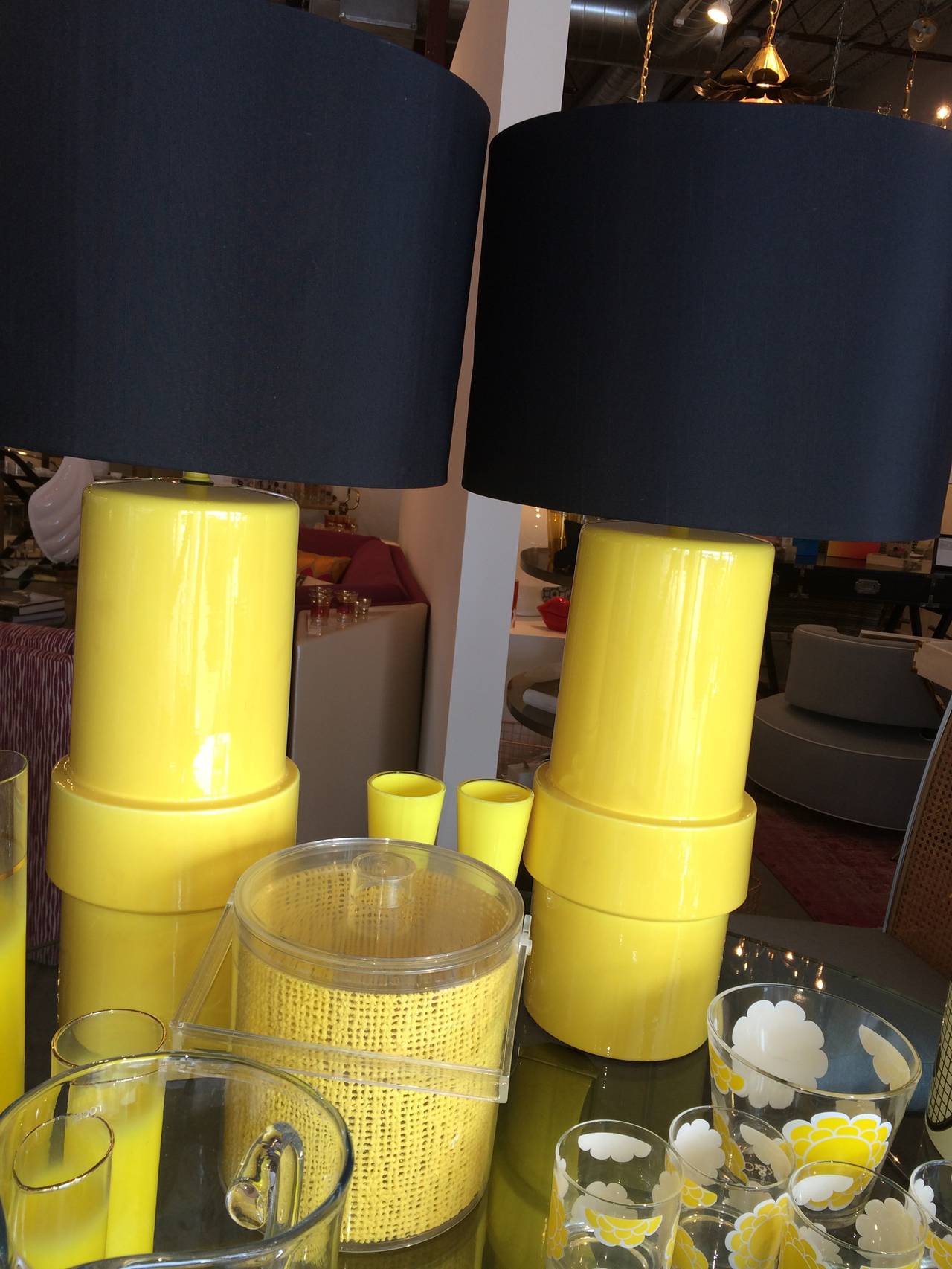 Lacquered Pair of High Gloss Canary Yellow Modern Ceramic Cylinder Lamps