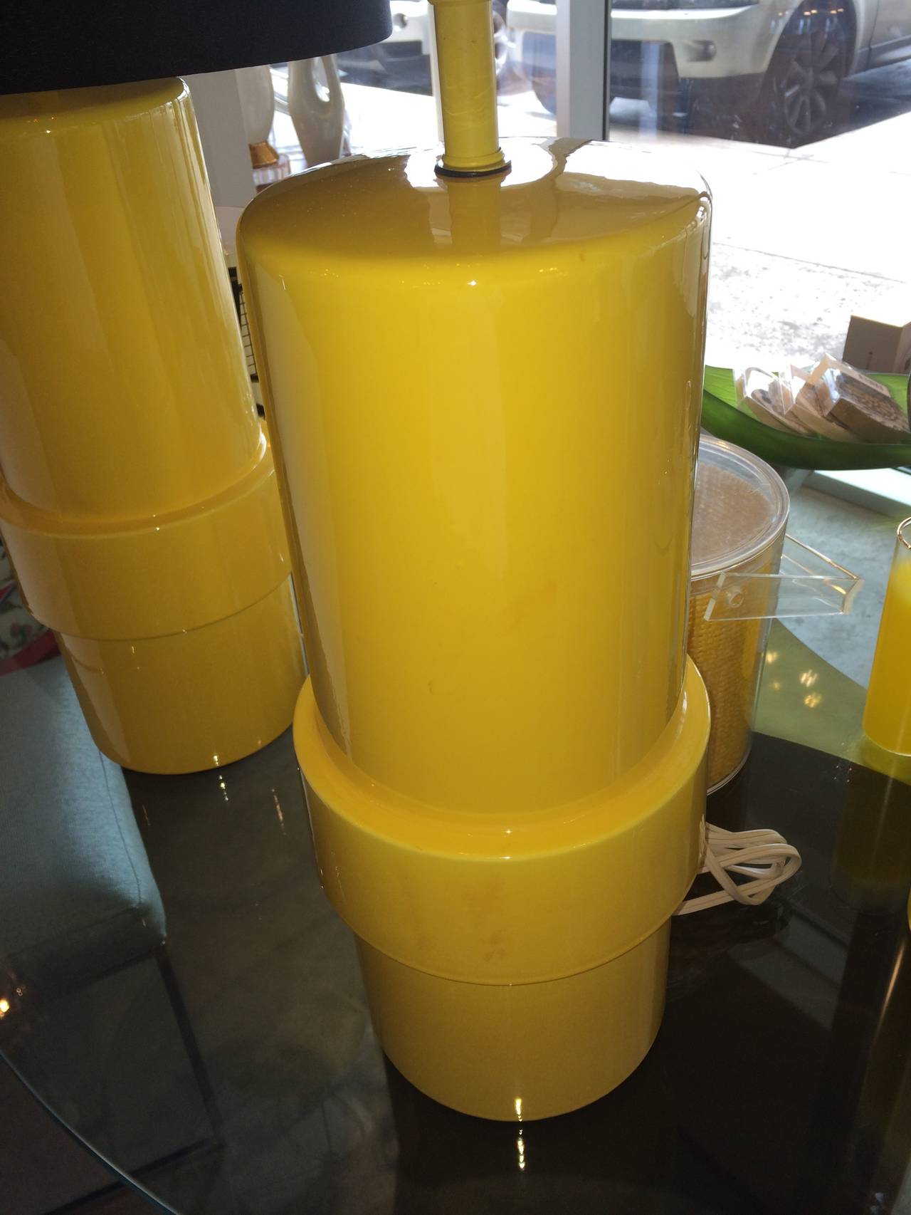 20th Century Pair of High Gloss Canary Yellow Modern Ceramic Cylinder Lamps