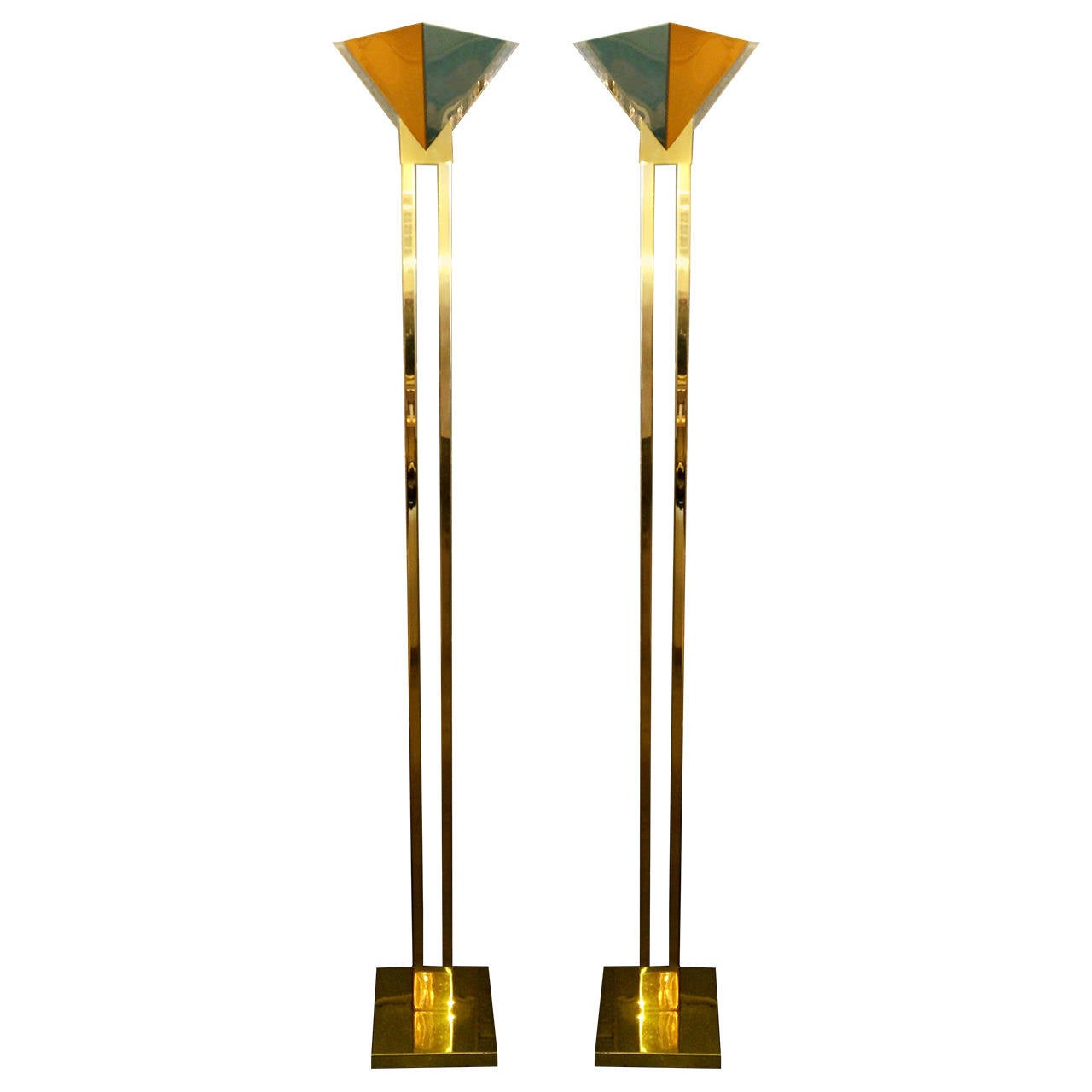 Mid Century Modern Brass and Lucite Torchiere Floor Lamps by Sonneman