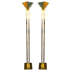 Vintage Mid Century Modern Brass & Lucite Torchiere Floor Lamps by Sonneman for Kovacs