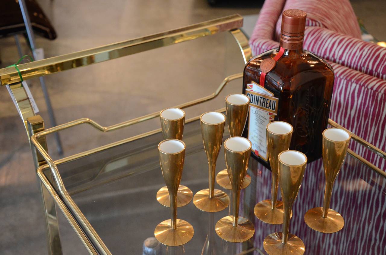Set of Eight French Brass and White Enamel Aperitif Glasses In Good Condition In Houston, TX
