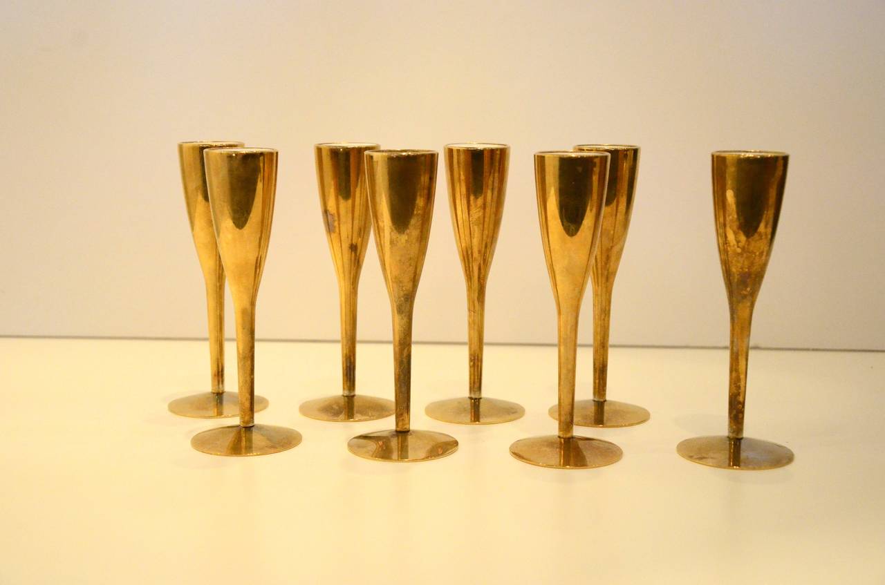 Art Deco Set of Eight French Brass and White Enamel Aperitif Glasses