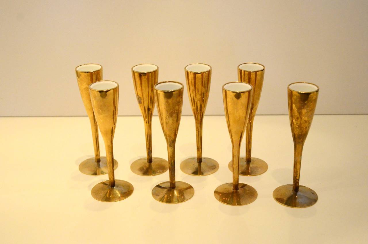 20th Century Set of Eight French Brass and White Enamel Aperitif Glasses