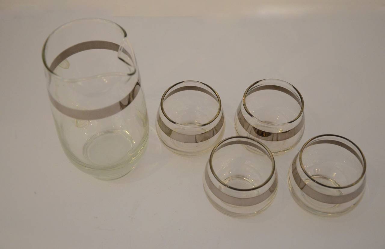 Dorothy Thorpe Glass and Silver Band Martini Pitcher and Four Matching Glasses