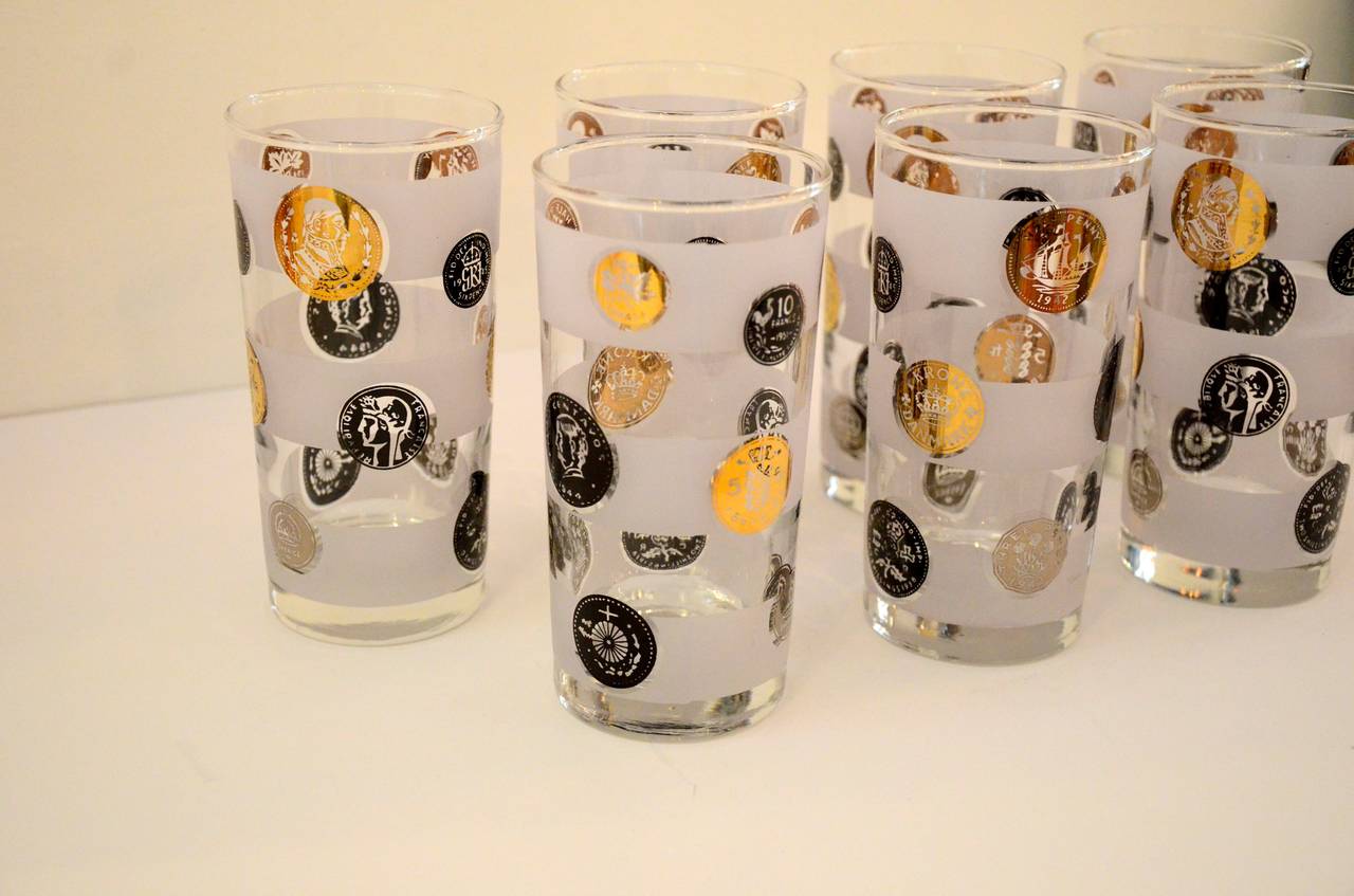 Seven Libbey Partial Frosted "Old Coin" Pattern Tom Collins Glasses For