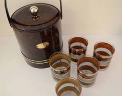 Georges Briard Faux Tortoiseshell and Gold Band Ice Bucket and Tumblers