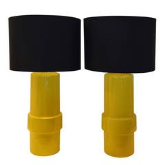 Pair of High Gloss Canary Yellow Modern Ceramic Cylinder Lamps
