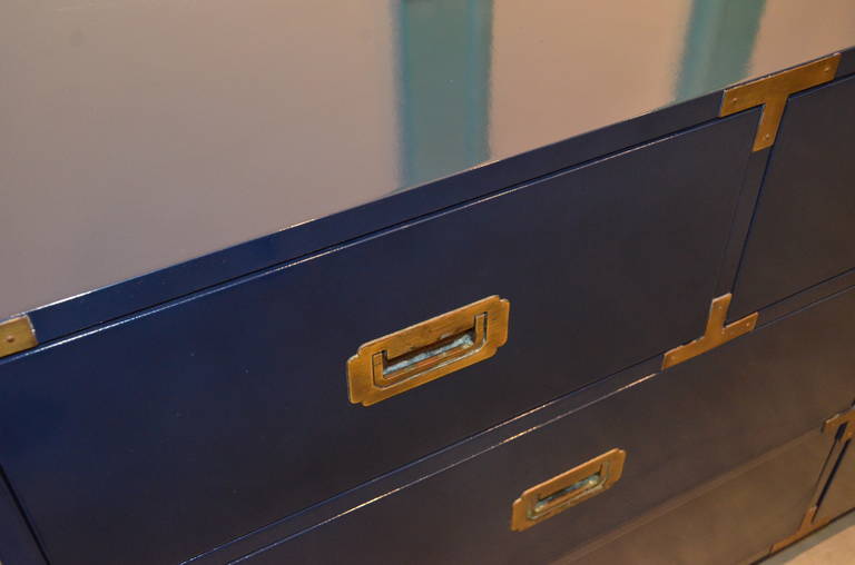 Navy Newly Lacquered Campaign Dresser with Brass Pulls In Excellent Condition In Houston, TX