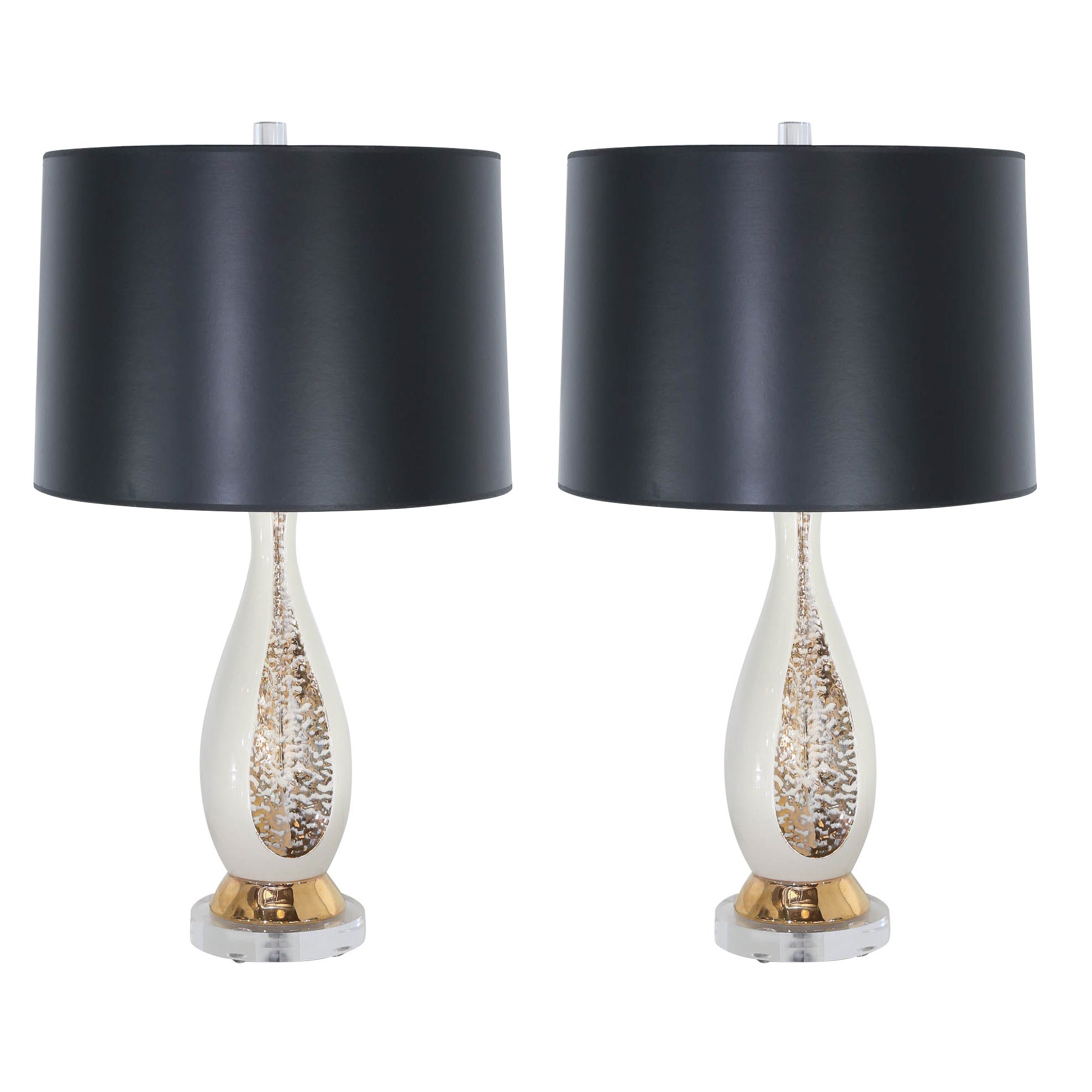Pr of Mid Century Modern Danish Lacquered White & Gold Table Lamps w/ Lucite