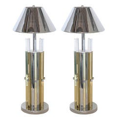 Pair of Charles Hollis Jones Brass, Chrome and Lucite Table Lamps