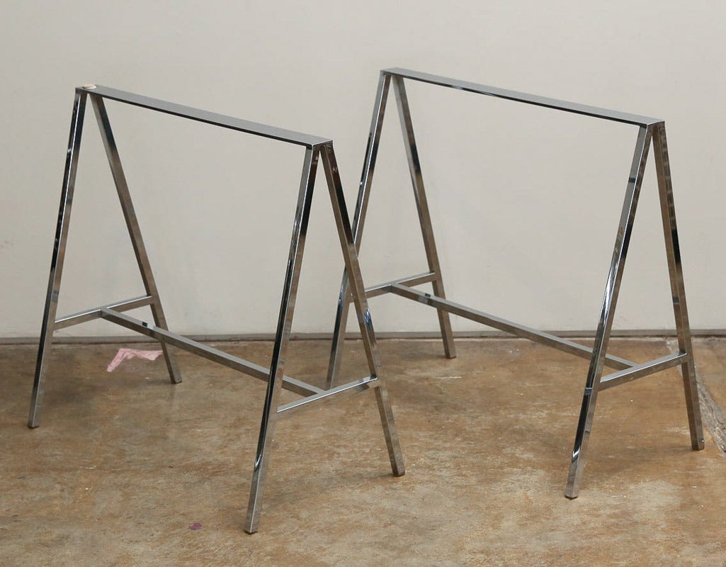 GlassTop Table or Desk on a Pair of Chrome Sawhorse Bases at 1stdibs