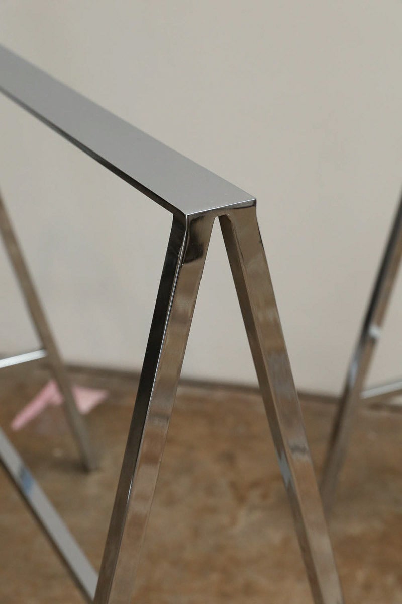 American Glass-Top Table or Desk on a Pair of Chrome Sawhorse Bases