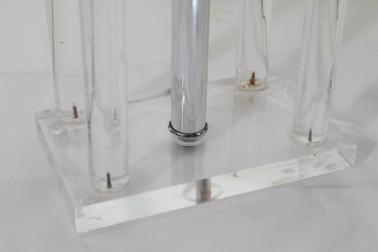 Chrome Pair of Lucite Greek Revival Column Lamps