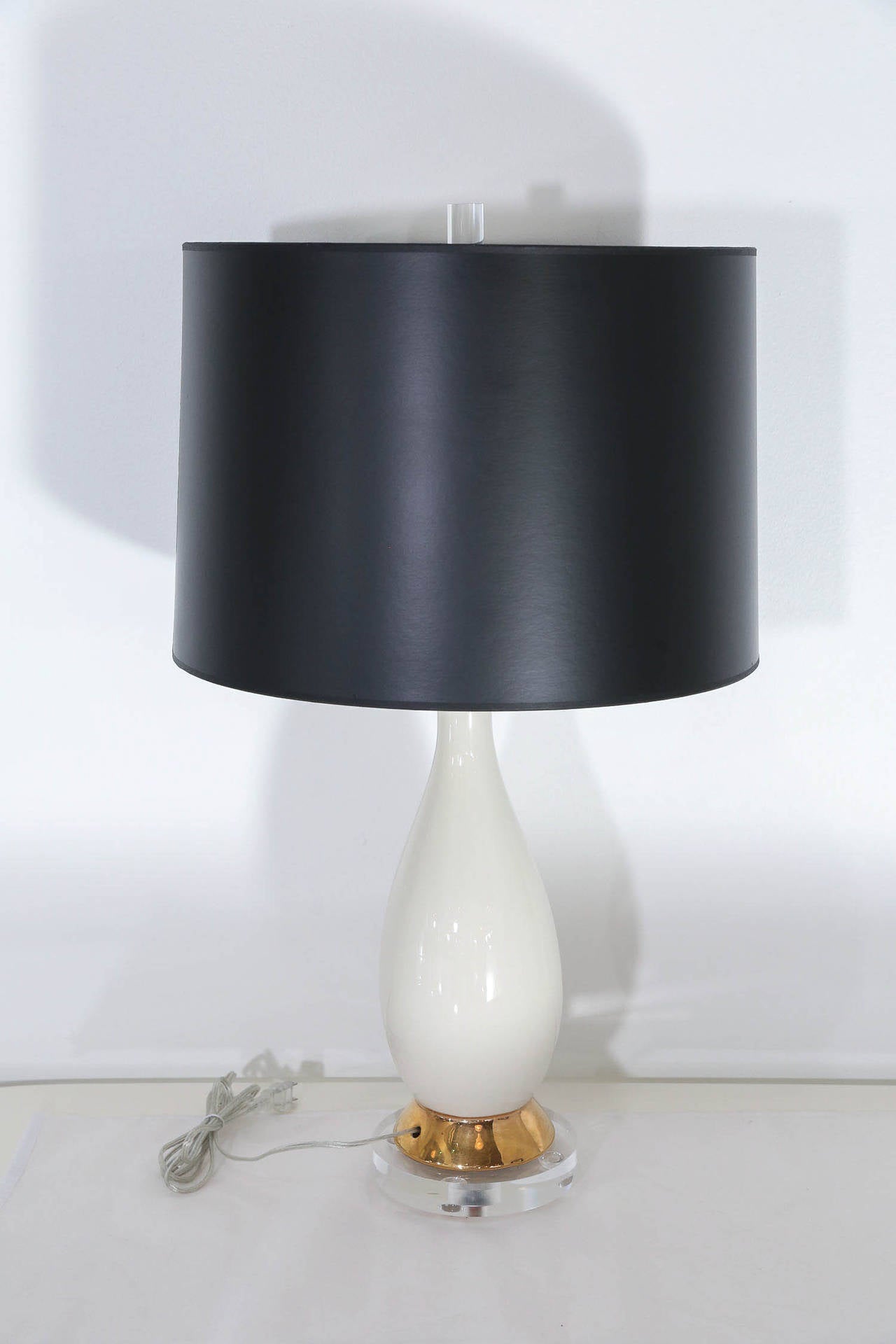 Pr of Mid Century Modern Danish Lacquered White & Gold Table Lamps w/ Lucite 2