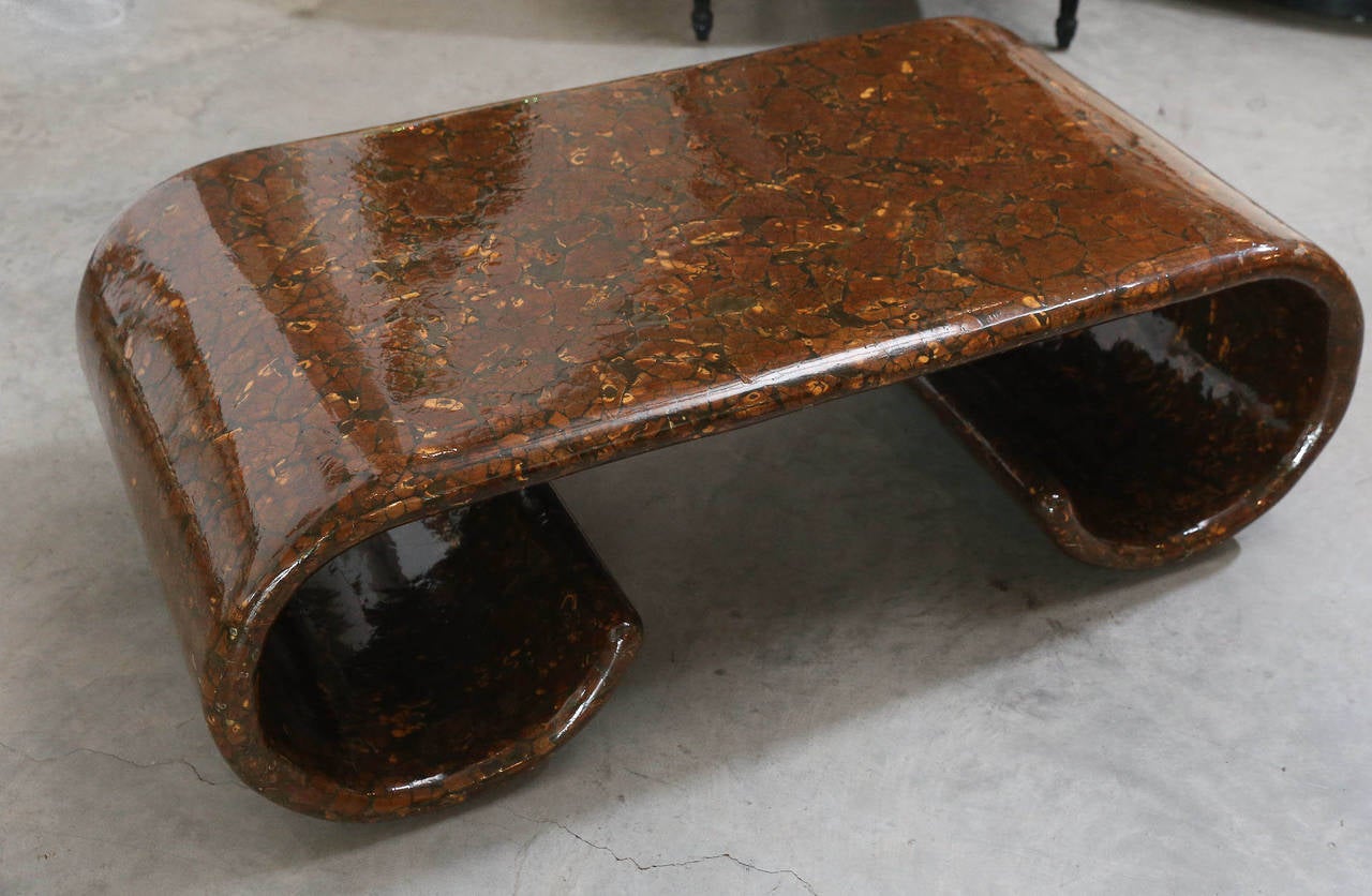 Lacquered Mid Century Modern Karl Springer Style Scroll Cocktail Table of Coconut Veneer