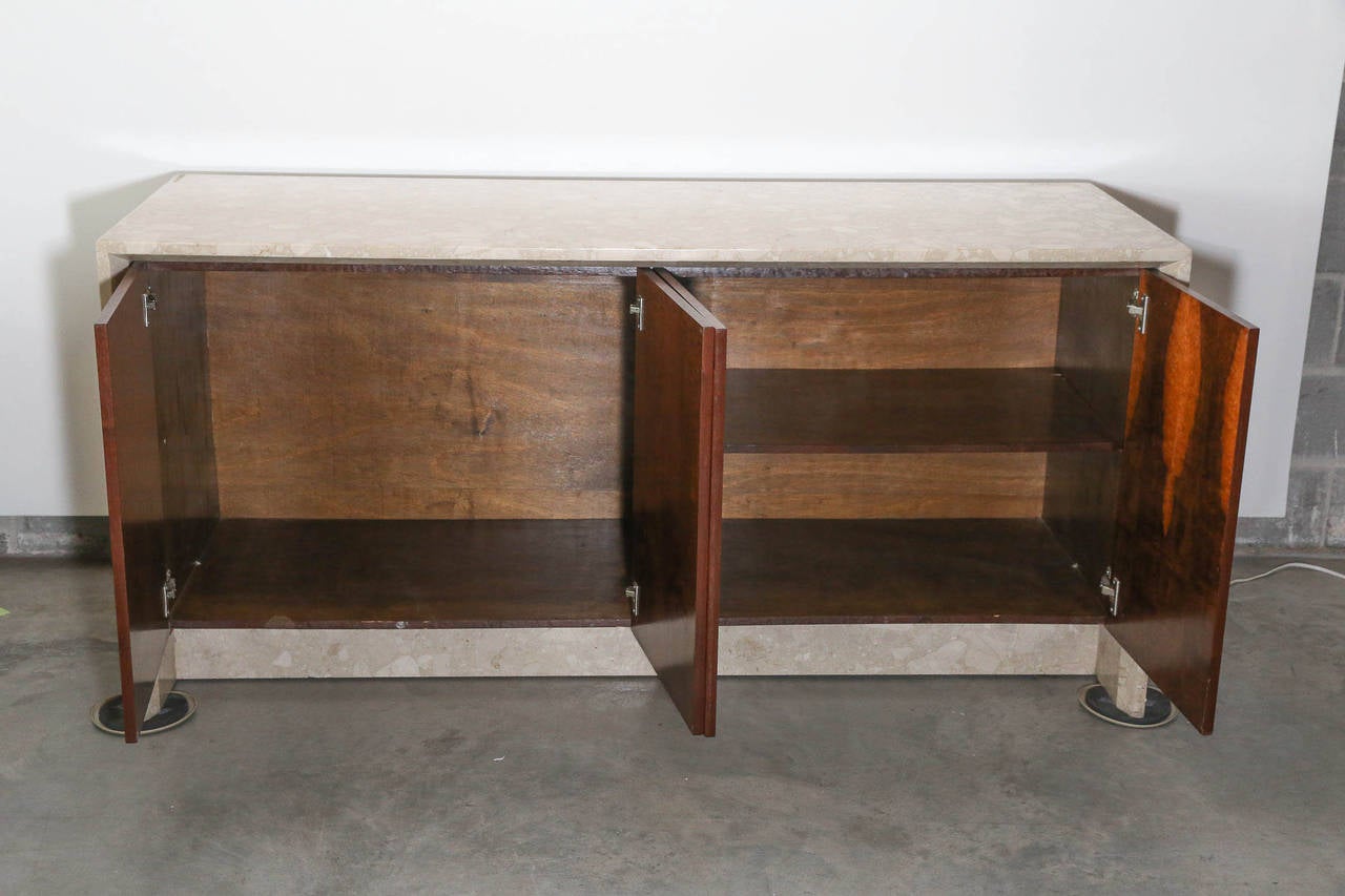 Polished White, Tan and Brown Travertine Marble and Rosewood Two-Sided Sideboard For Sale 10