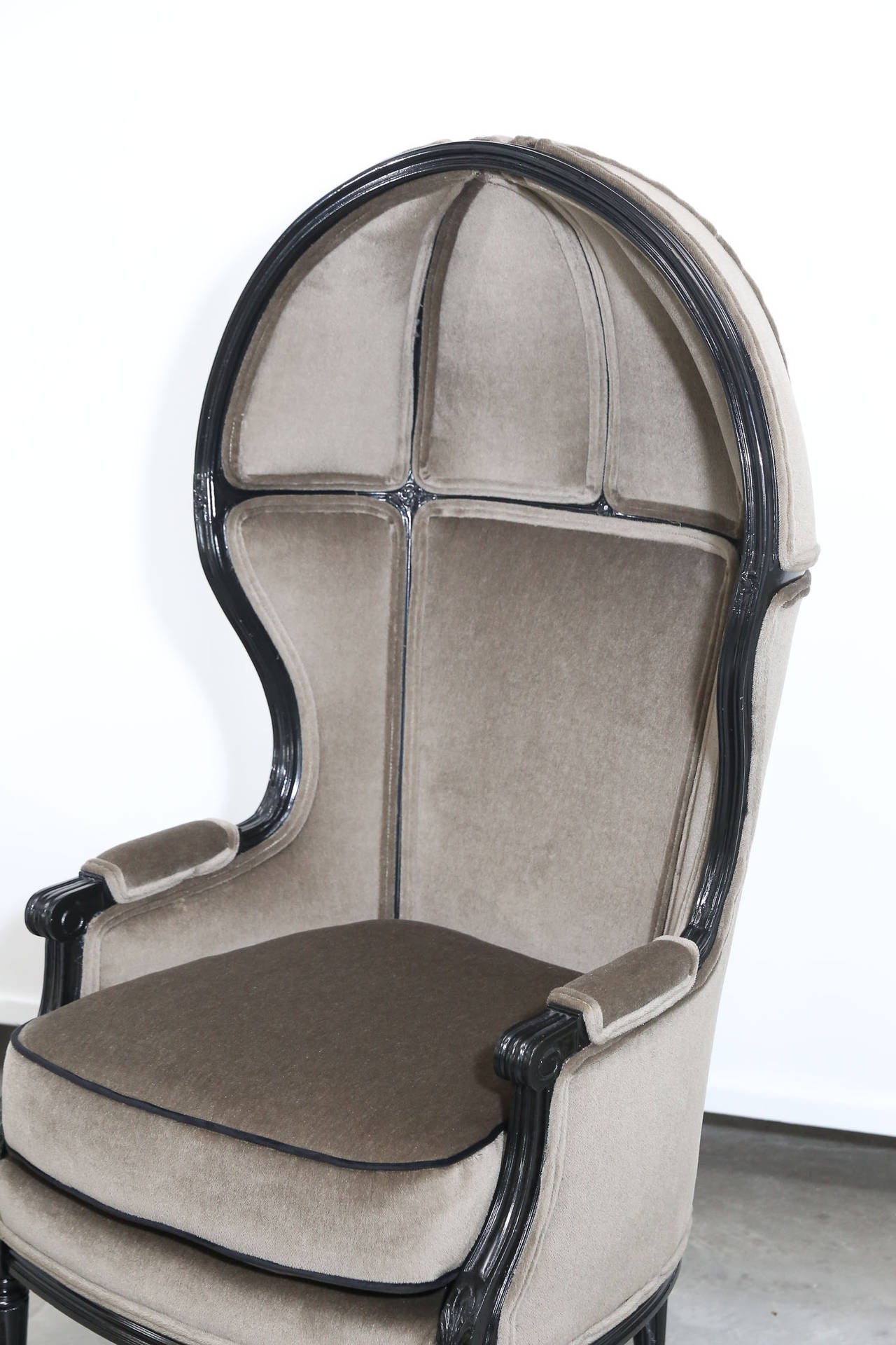 French Provincial French Hooded Chair Newly Lacquered and Newly Upholstered in Mohair Velvet