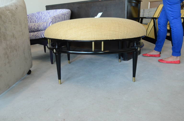 In the Style of James Mont for Weiman Round Ottoman in Ebonized Wood and Brass