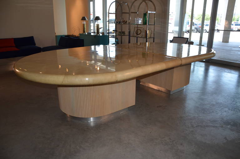 Mid-Century Modern Clear Lacquered Goatskin Top w/ Wood and Metal Bases Dining or Conference Table For Sale