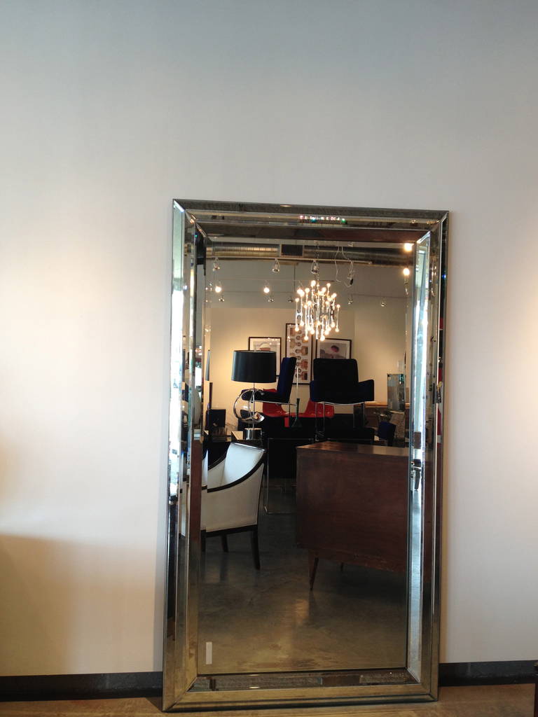 Vintage modern monumental decorative mirror with a beautiful linear etched frame would make an elegant addition to a dining room, entry foyer, dressing room/bathroom or bedroom.