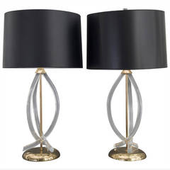 Modern Pair of  Brass and Curved Lucite Table Lamps