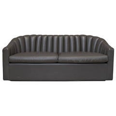 Mid Century Modern Leather Channel Back Sofa Signed Jack Lenor Larson 10