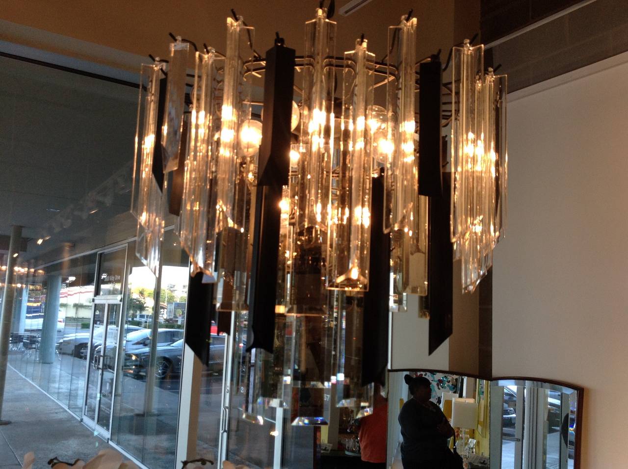 American Mid-Century Modern Black and Clear Lucite and Mirrored Prism Chandelier
