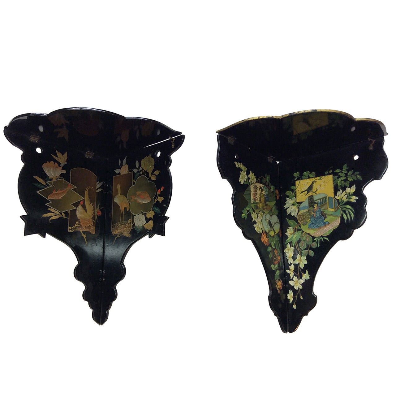 Chinoiserie English lacquer wall shelf and corner shelfs For Sale