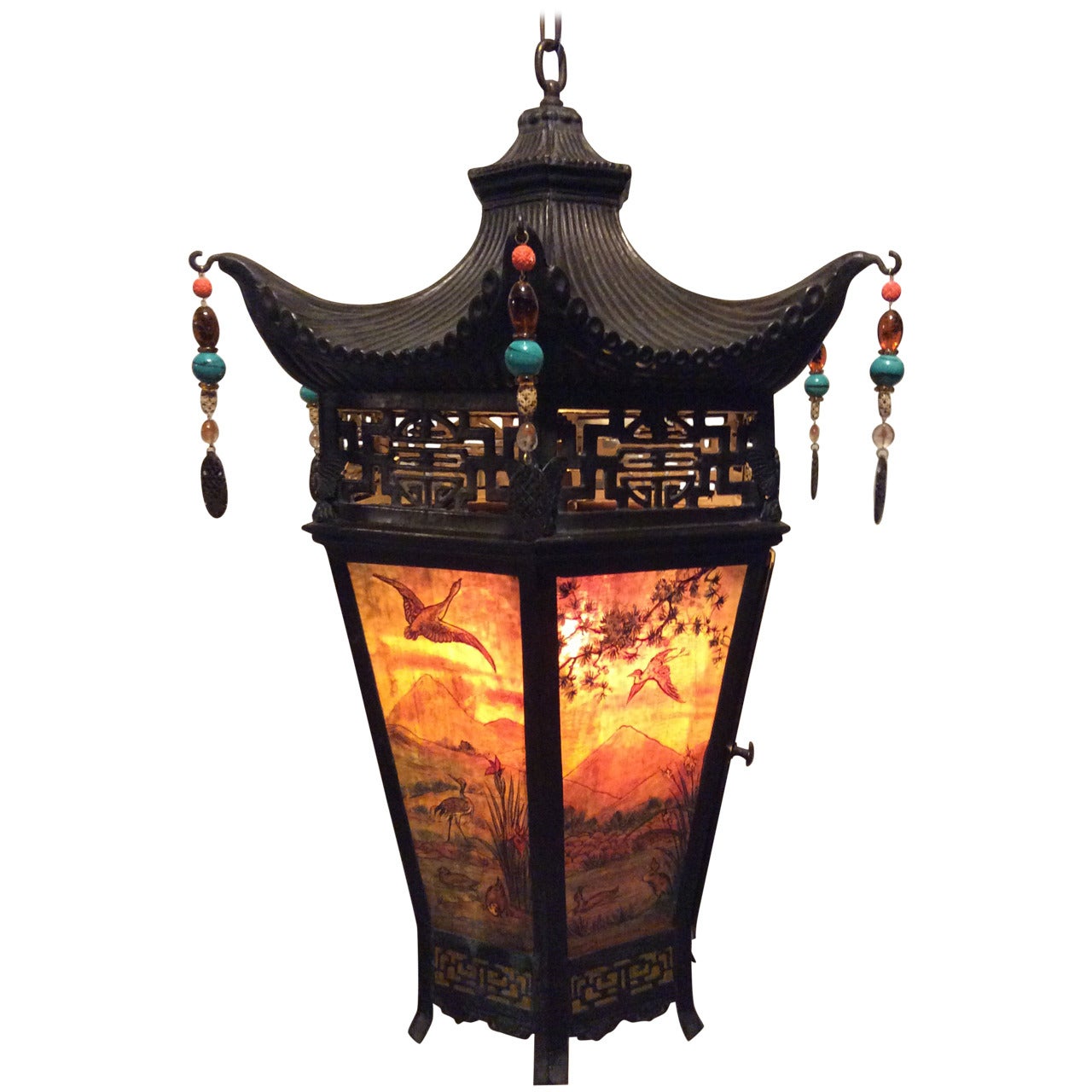 Arts & Crafts Painted and Stained Glass Panel, Oriental Style Hanging Lantern For Sale