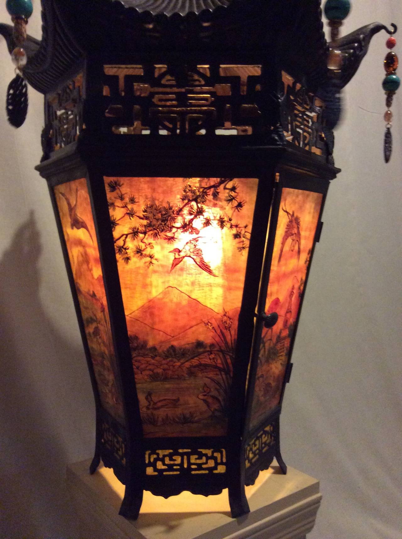 Arts and Crafts Arts & Crafts Painted and Stained Glass Panel, Oriental Style Hanging Lantern For Sale